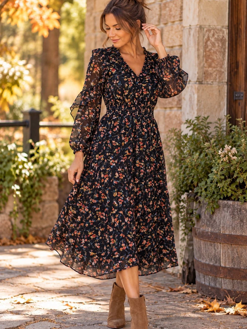 Dress Forum Black Floral Ruffle Midi Dress Small Sheer Sleeve Smocked Waist